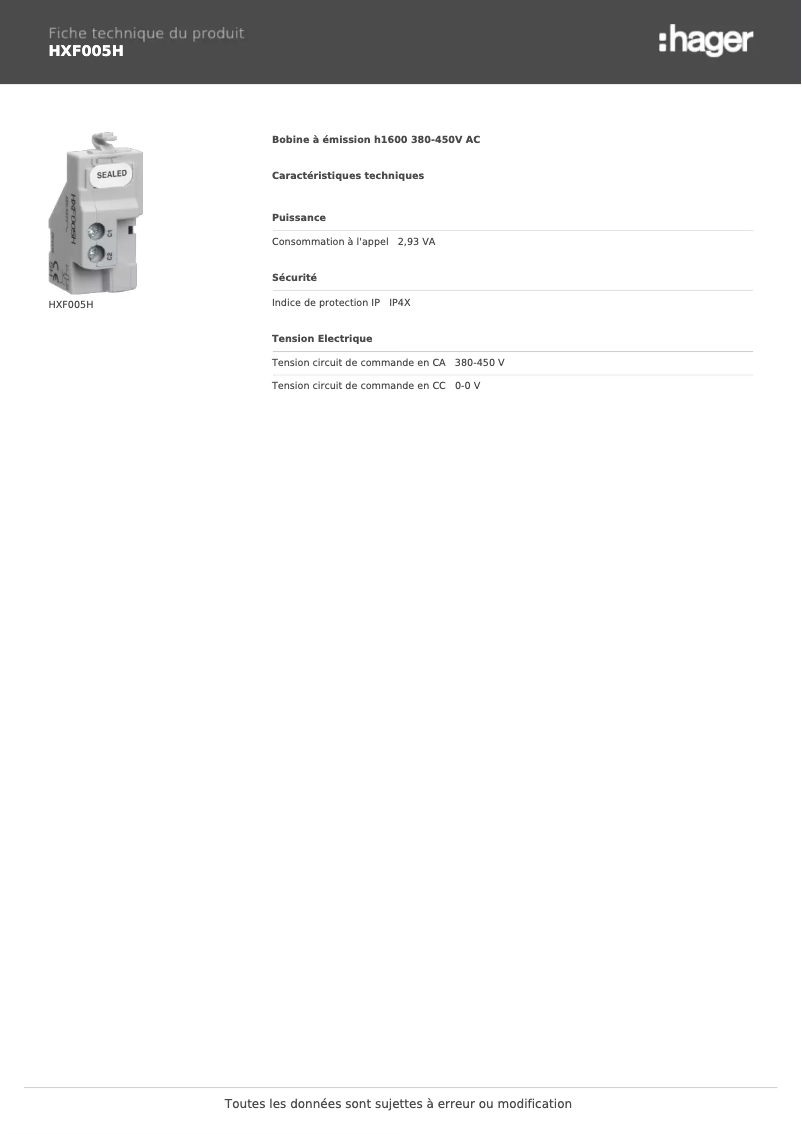 Page 1 de la notice Fiche technique Hager HXF005H