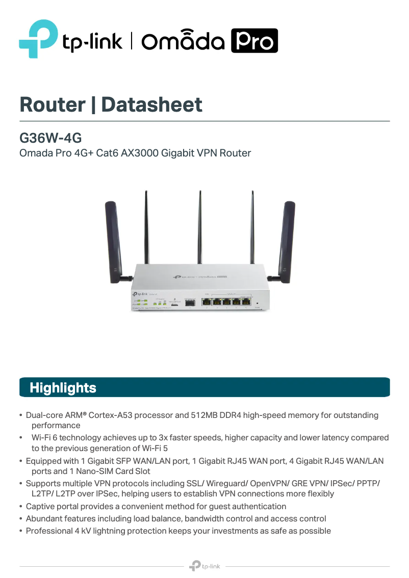 Page n°1 - Fiche technique TP-Link Omada Pro G36W-4G