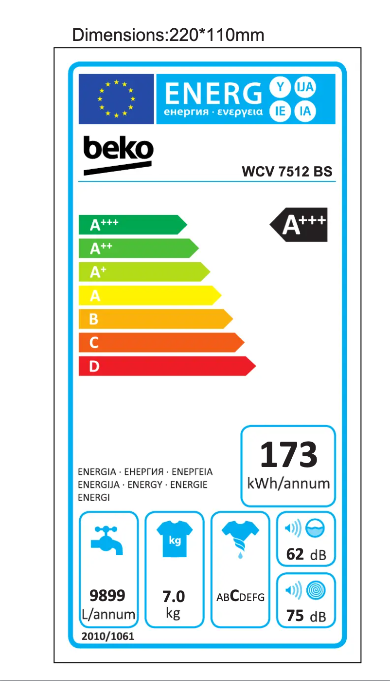 Page 1 de la notice Label énergétique Beko WCV 7512 BS
