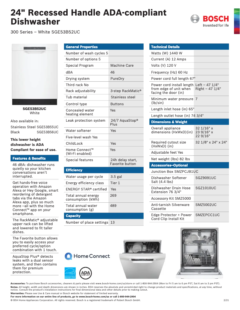 Página 1 del manual Ficha técnica Bosch SGE53B52UC