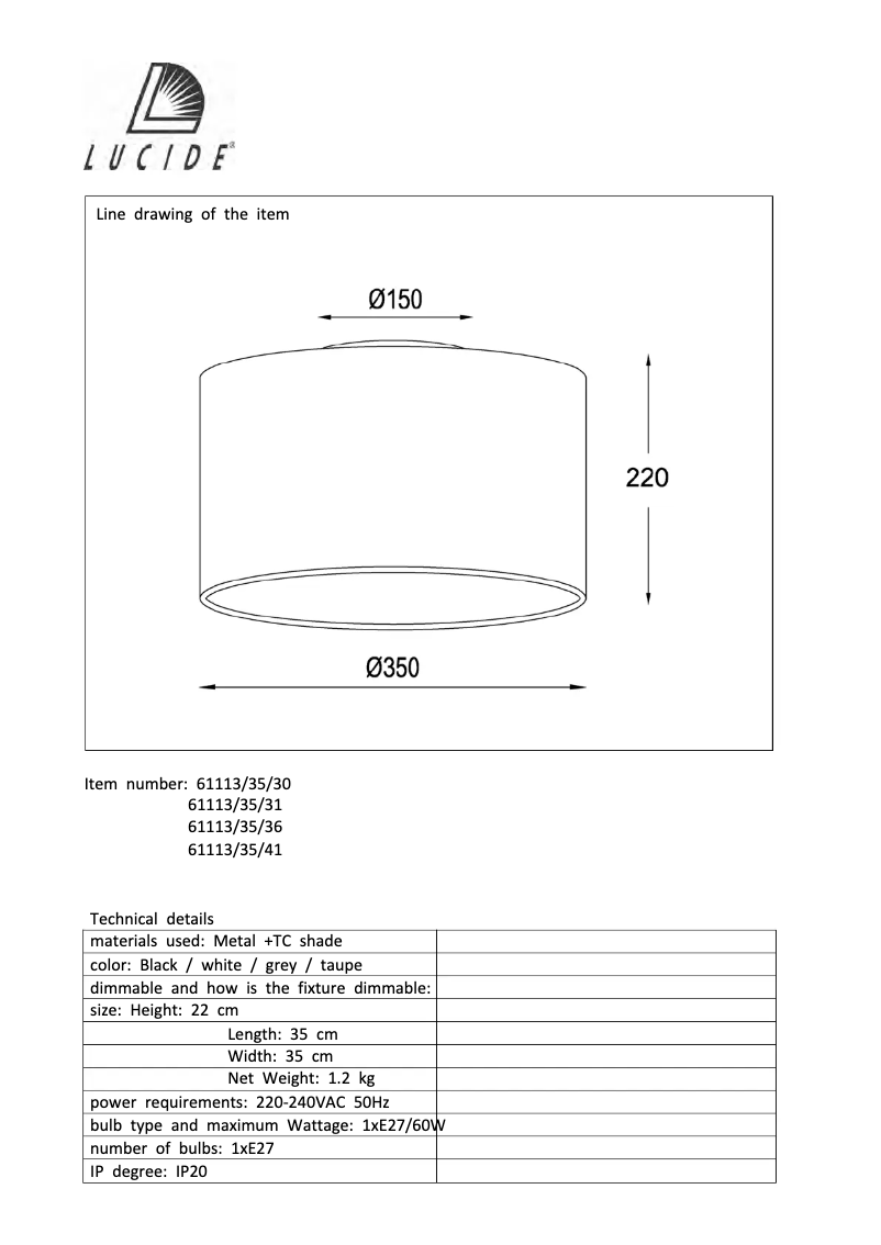 Page 1 de la notice Manuel utilisateur Lucide Coral 61113/35/31