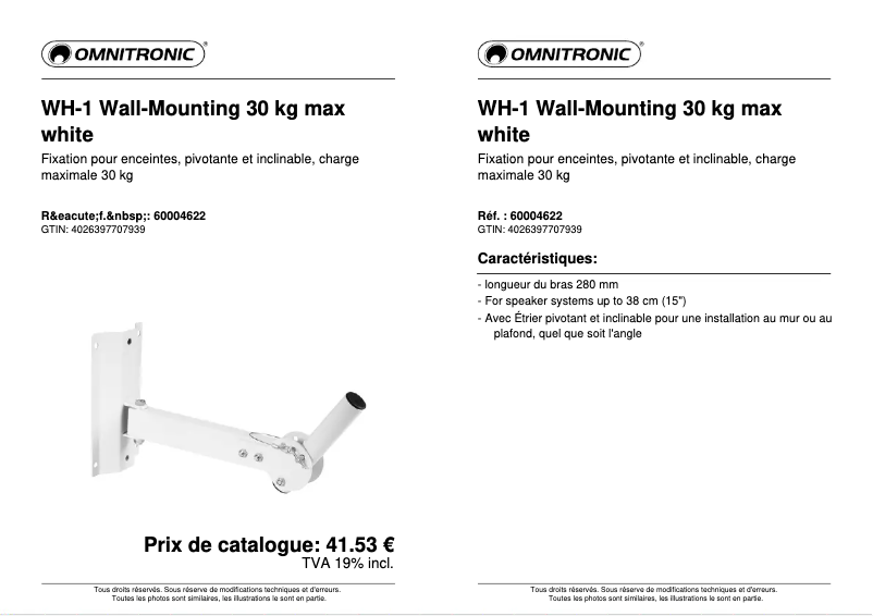 Page 1 de la notice Fiche technique Omnitronic WH-1
