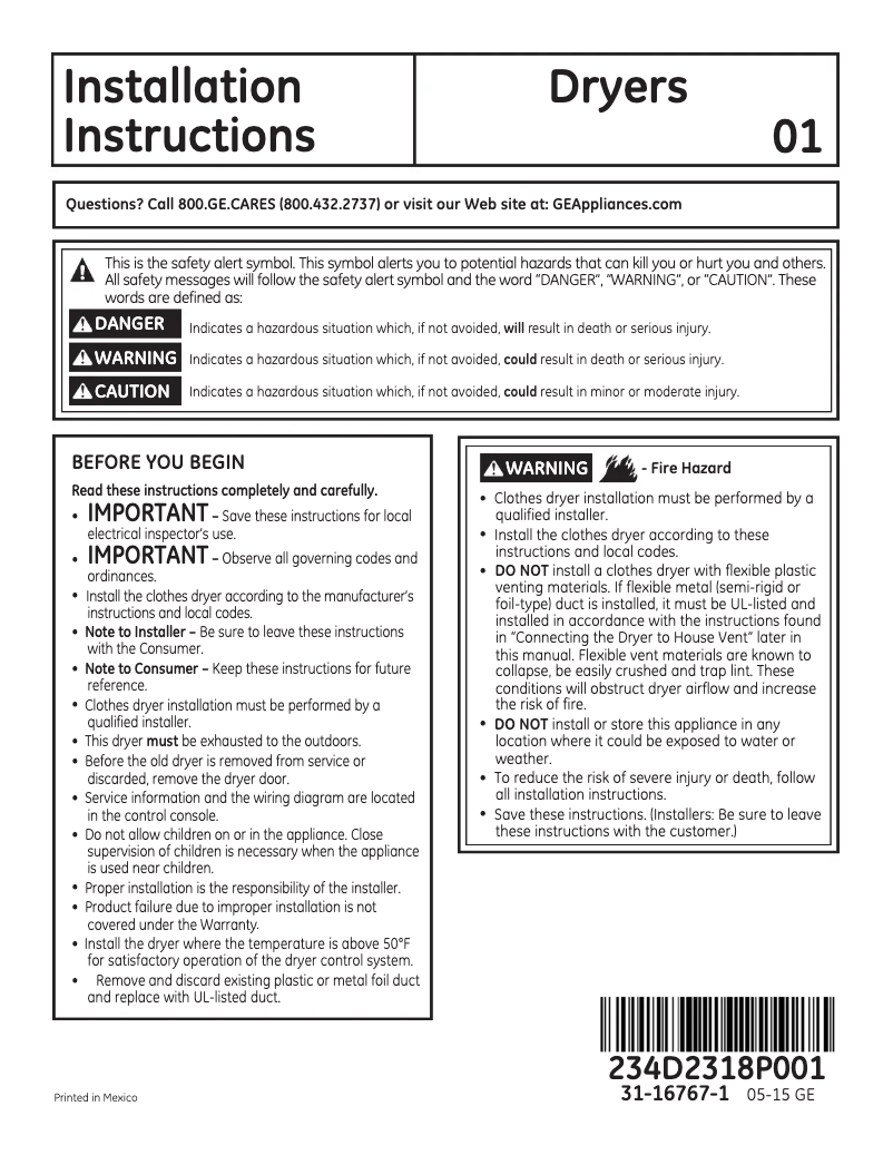 Page 1 de la notice Guide d'installation GE GTV21ESSJWW