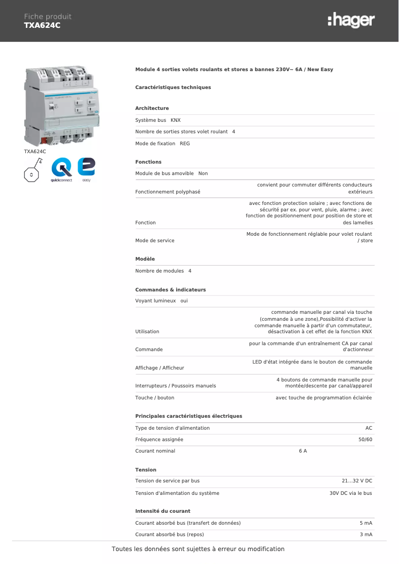 Page 1 de la notice Fiche technique Hager TXA624C