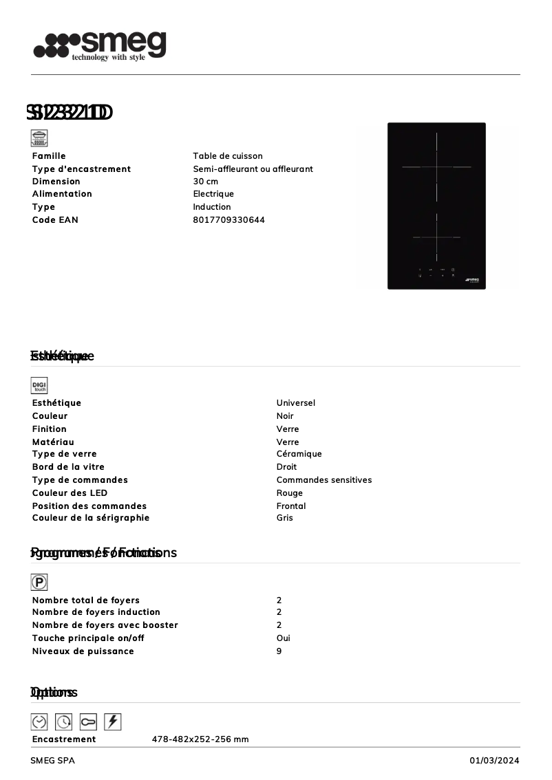Page n°1 - Fiche technique Smeg SI2321D