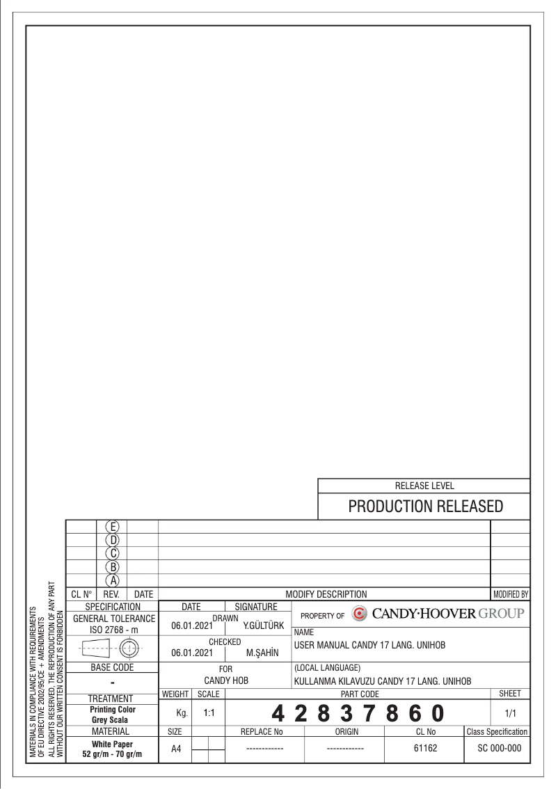 Page 1 de la notice Manuel utilisateur Candy CHW6D4WPX