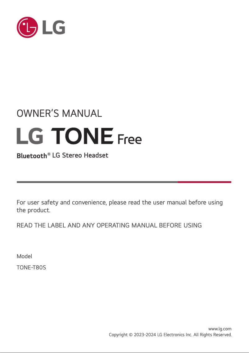 Page 1 de la notice Manuel utilisateur LG Tone Free TONE-T80S