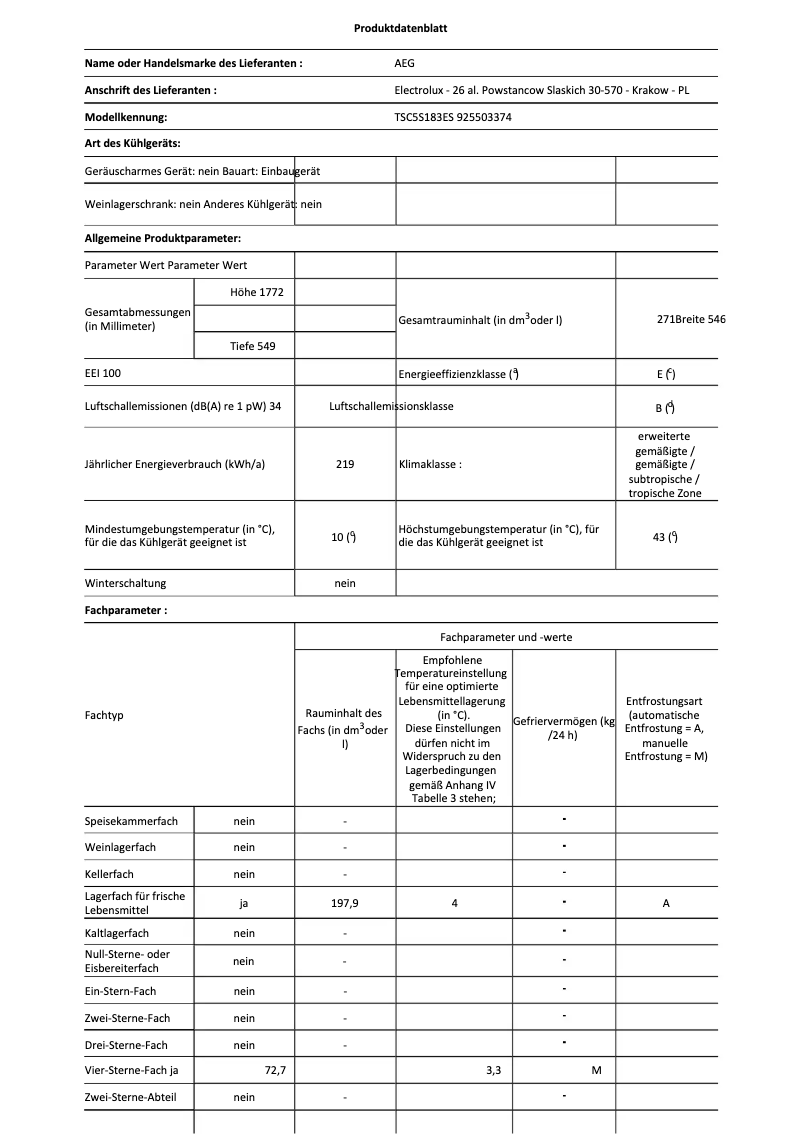 Página 1 del manual Ficha técnica AEG TSC5S183ES