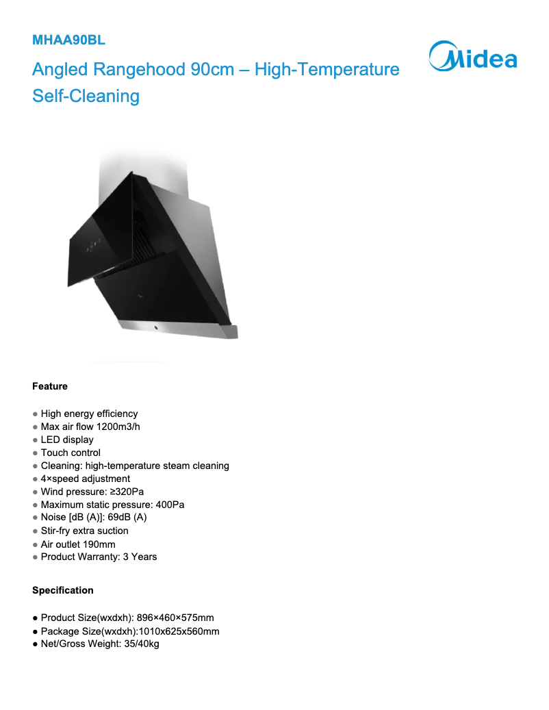 Page n°1 - Fiche technique Midea MHAA90BL