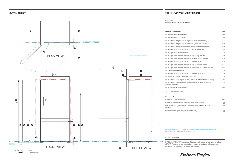 Page 1 de la notice Fiche technique Fisher & Paykel RF522WDLUX5