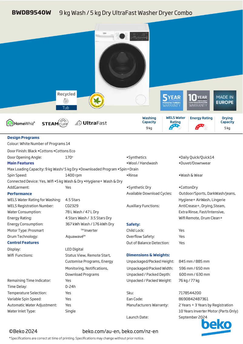 Page 1 de la notice Fiche technique Beko BWDB9540W