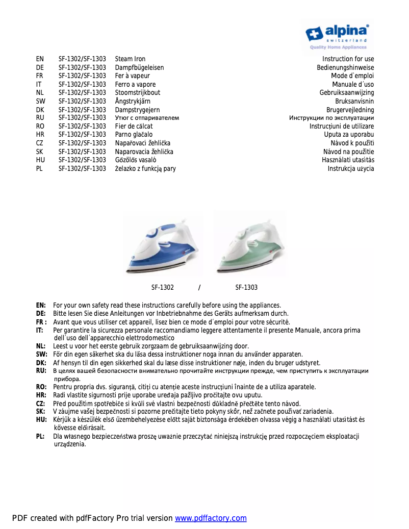 Page n°1 - Manuel utilisateur Alpina SF-1303