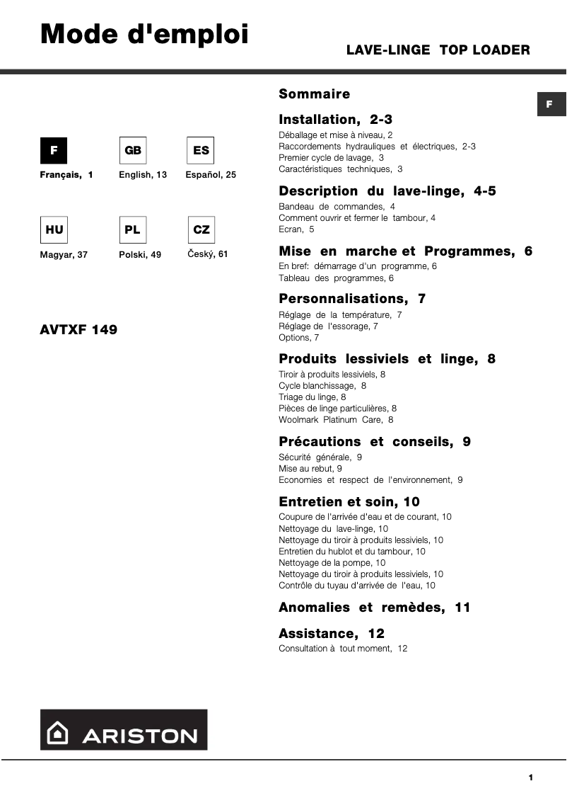 Page 1 de la notice Manuel utilisateur Hotpoint Ariston AVTXF 149