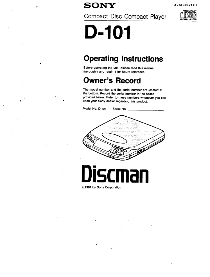 Page n°1 - Manuel utilisateur Sony Discman D-101