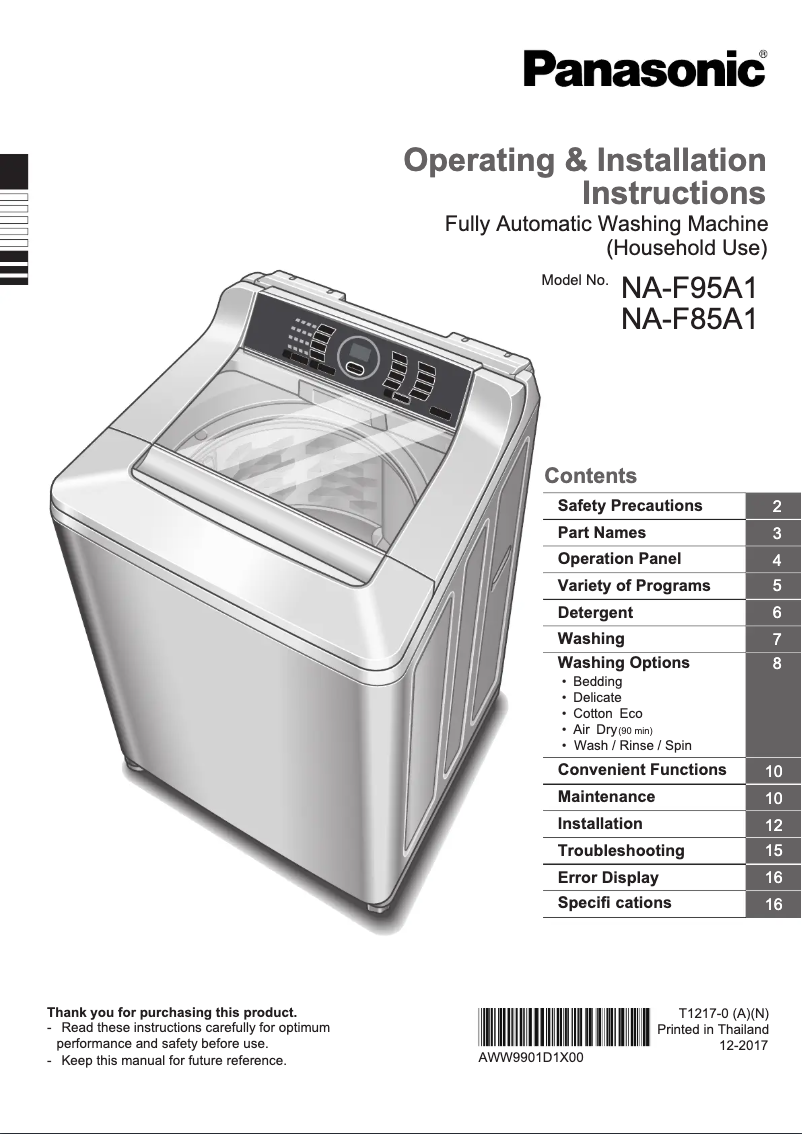 Page 1 de la notice Instructions / montage Panasonic NA-F85A1