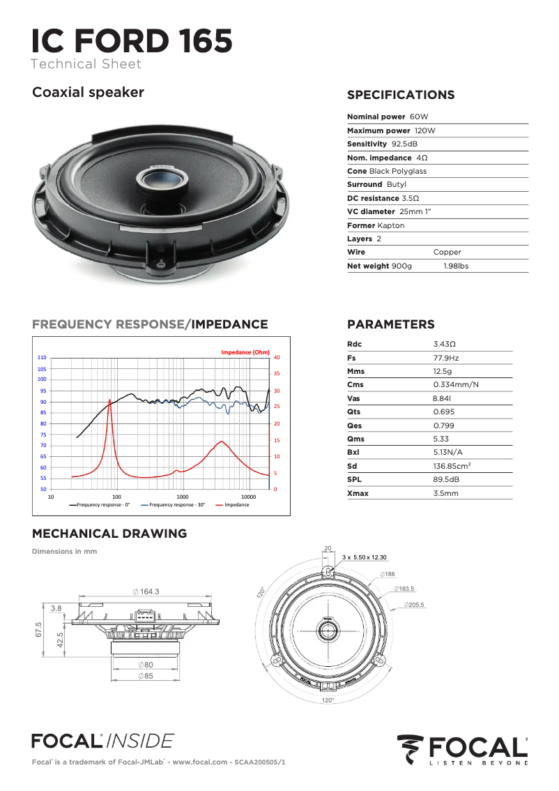 Page 1 de la notice Fiche technique Focal IC FORD 165