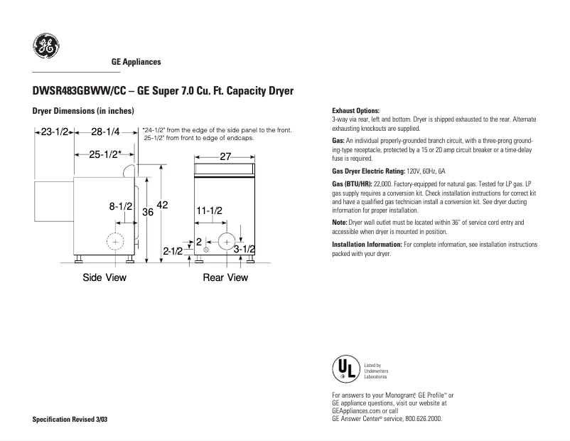 Page n°1 - Fiche technique GE DWSR483GBWW