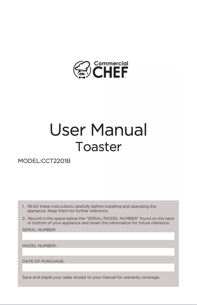 Página 1 del manual Manual de usuario Commercial Chef CCT2201B