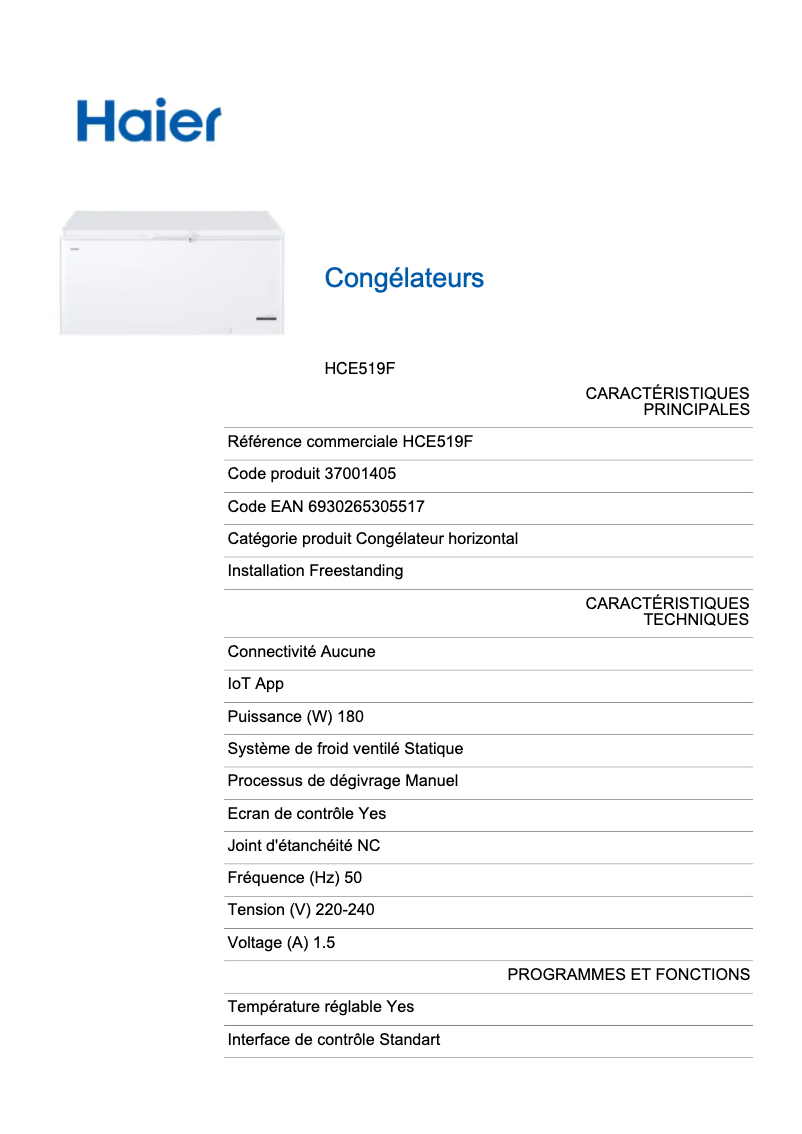 Page 1 de la notice Label énergétique Haier HCE519F