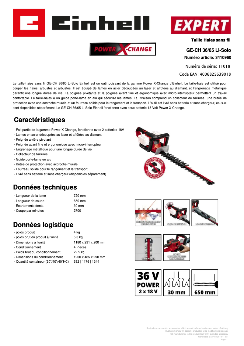 Page 1 de la notice Fiche technique Einhell GE-CH 36/65 Li-Solo