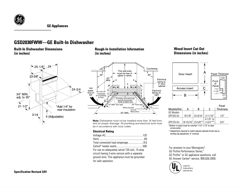 Page 1 de la notice Fiche technique GE GSD2030FWW