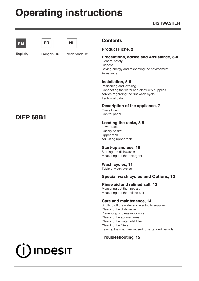 Image de la première page du manuel de l'appareil DIFP 68B1 EU