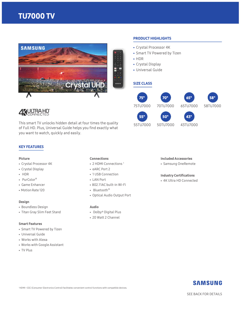 Page 1 de la notice Fiche technique Samsung UN70TU7000FXZA