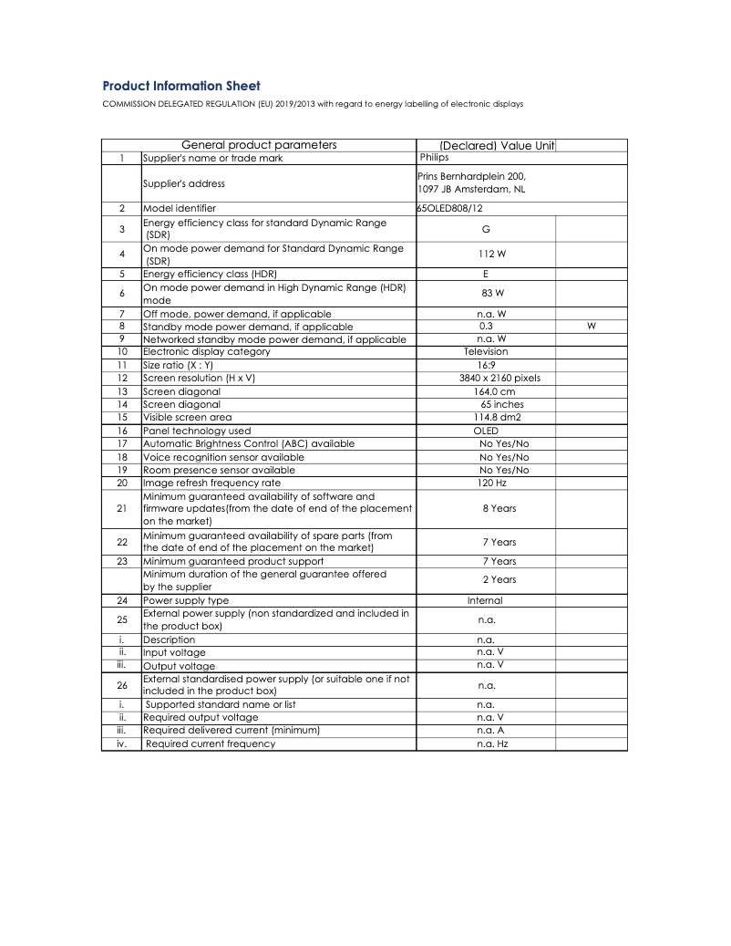 Page 1 de la notice Fiche technique Philips 65OLED808