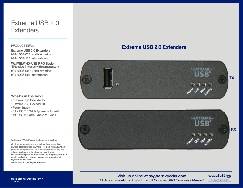 Page 1 de la notice Manuel utilisateur Vaddio Extreme USB 2.0 Extender RX