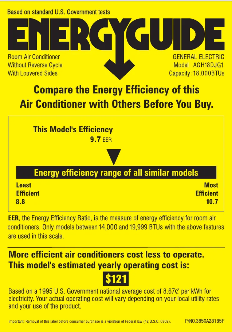 Page 1 de la notice Label énergétique GE AGH18DJ