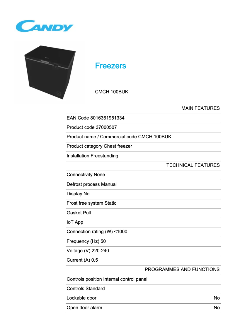 Page 1 de la notice Fiche technique Candy CMCH 100BUK