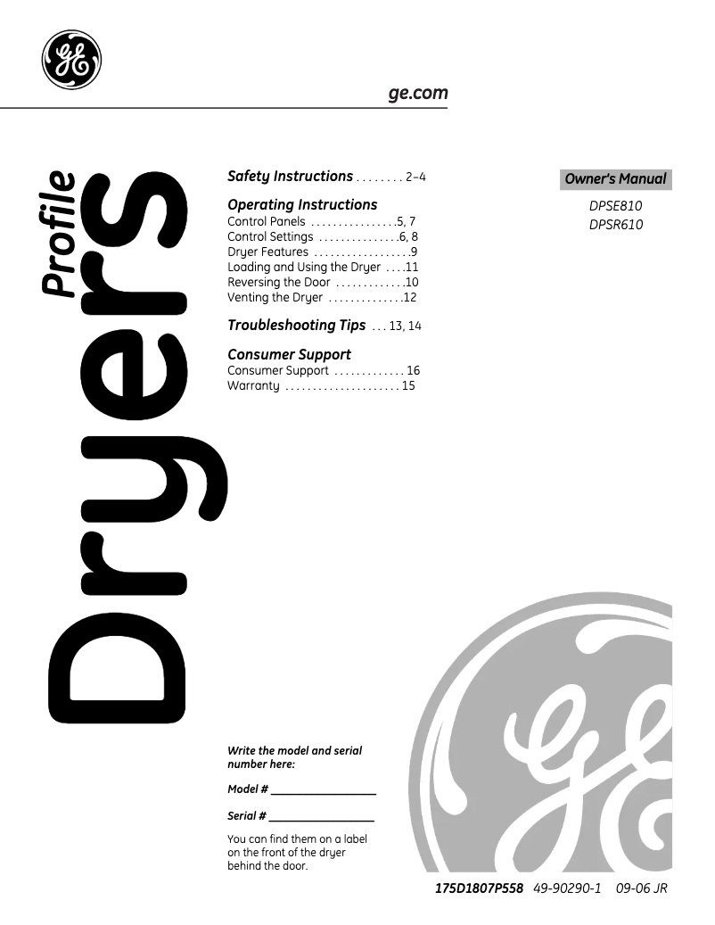 Page n°1 - Manuel d'utilisation et d'entretien GE Profile DPSR610EGWT