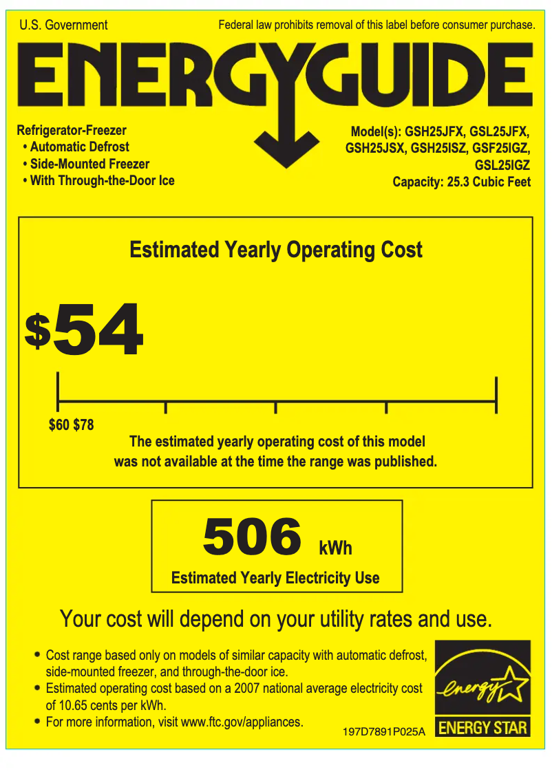 Page 1 de la notice Label énergétique GE GSH25JFXBB
