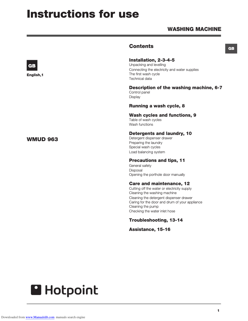Page n°1 - Manuel utilisateur Hotpoint WMUD 963 P