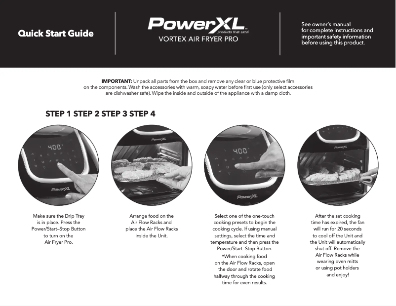 Page 1 de la notice Guide de démarrage rapide PowerXL Vortex Air Fryer Pro CM-005