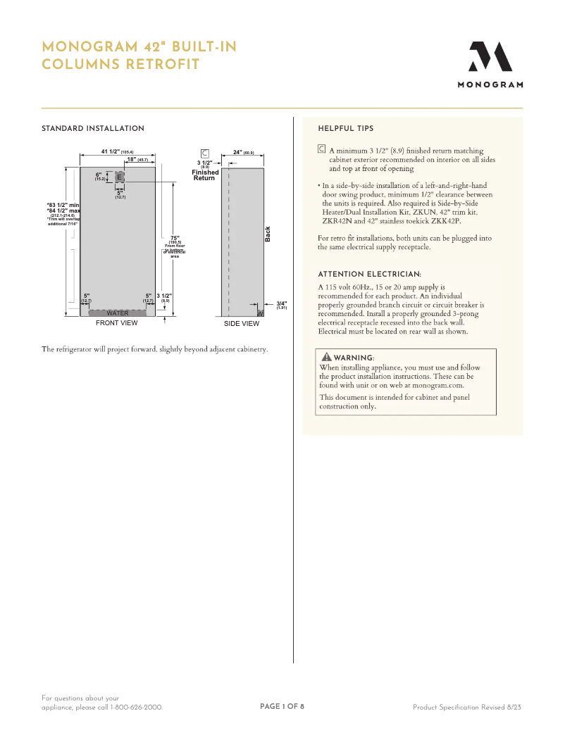 Page 1 de la notice Fiche technique Monogram ZIF301NPNII
