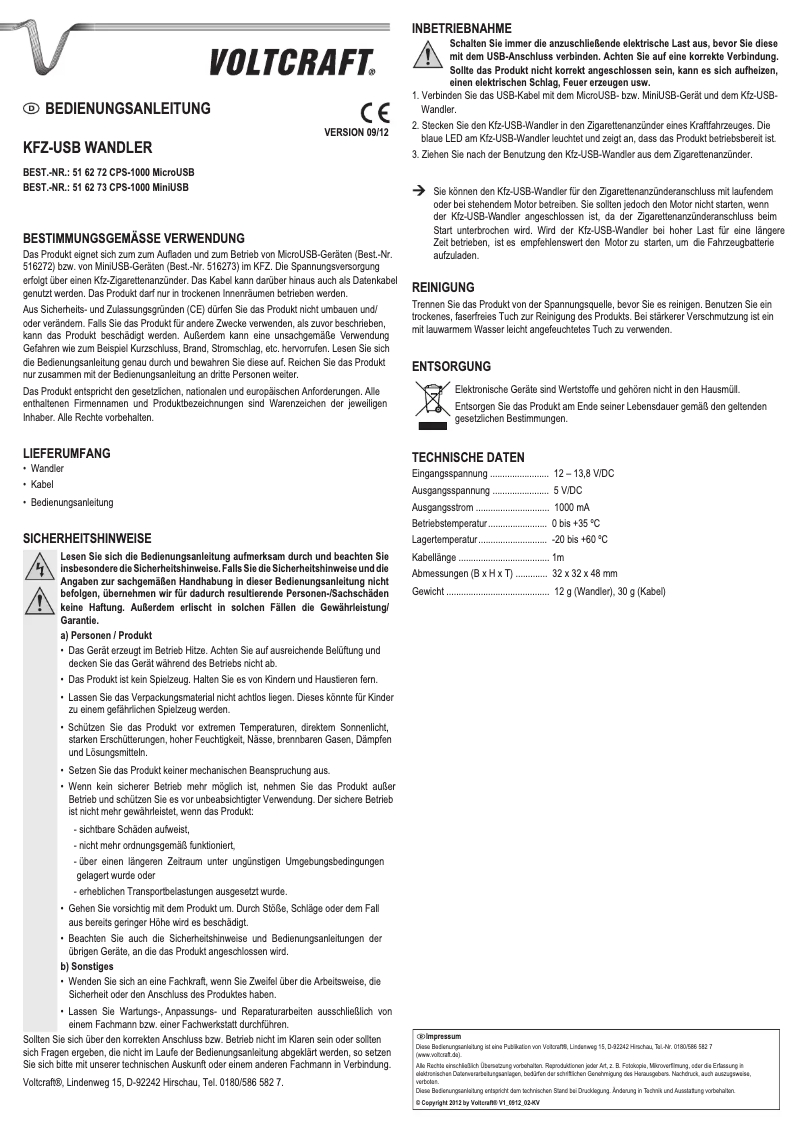 Page 1 de la notice Manuel utilisateur Voltcraft CPS-1000