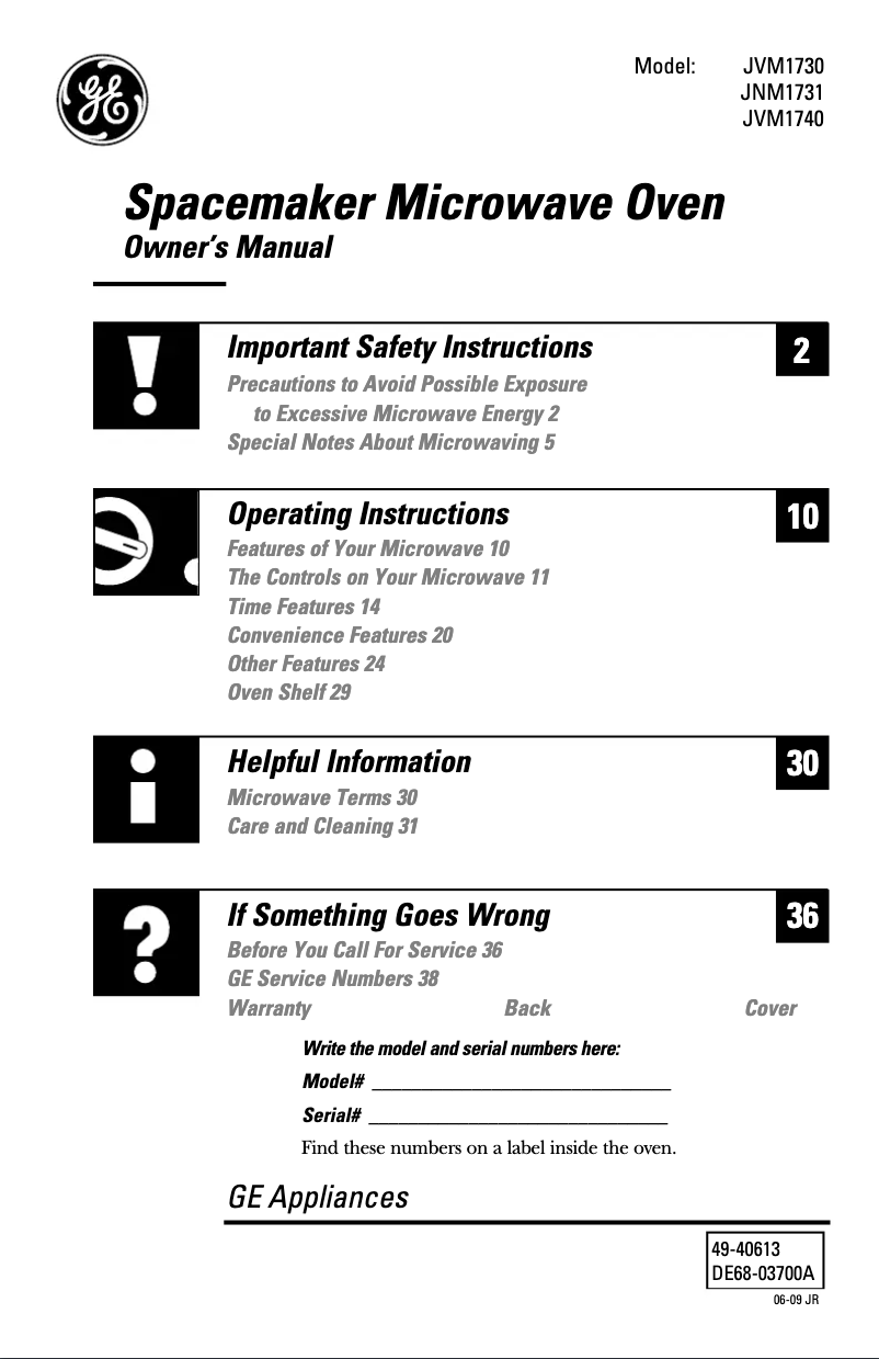 Page n°1 - Manuel d'utilisation et d'entretien GE Spacemaker JVM1740DPCC