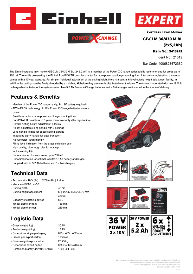 Page 1 de la notice Fiche technique Einhell GE-CLM 36/430 M BL
