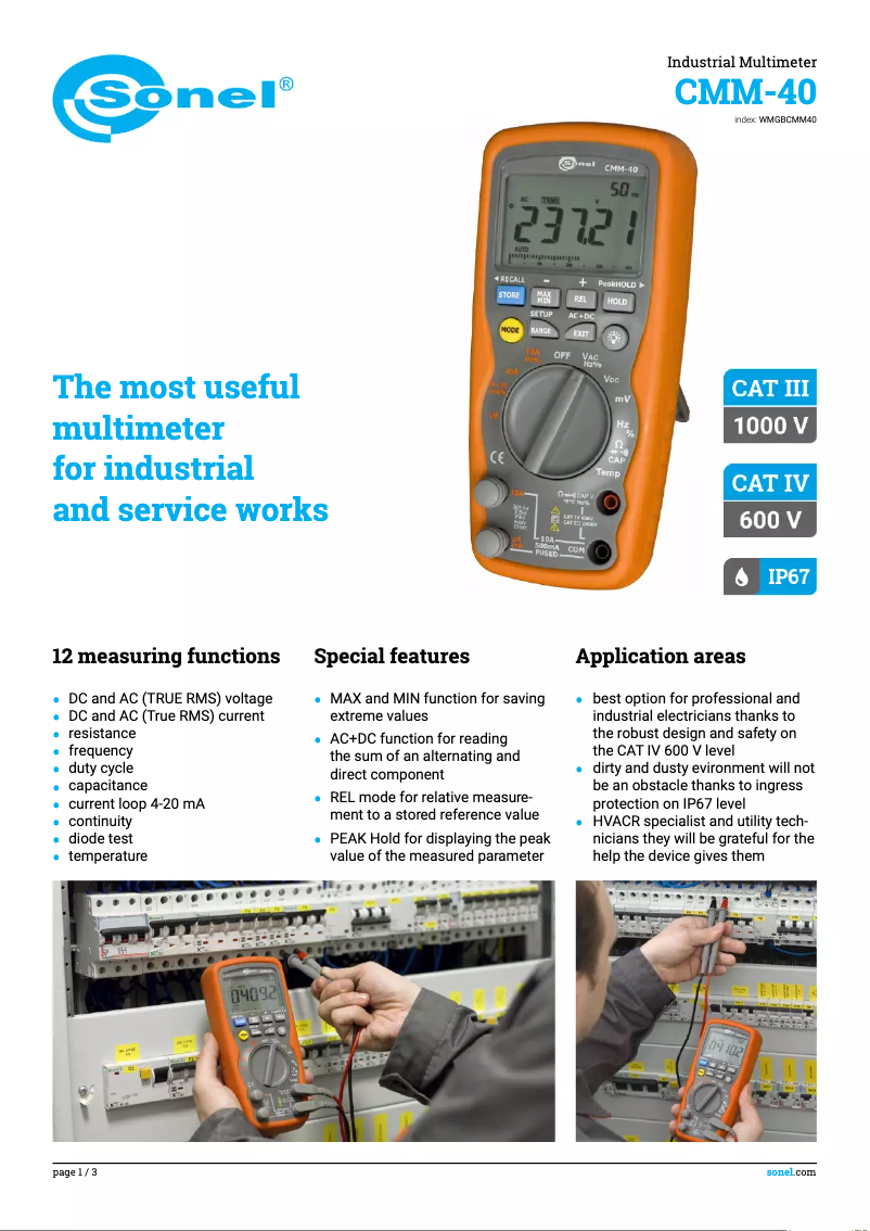 Page n°1 - Fiche technique Sonel CMM-40