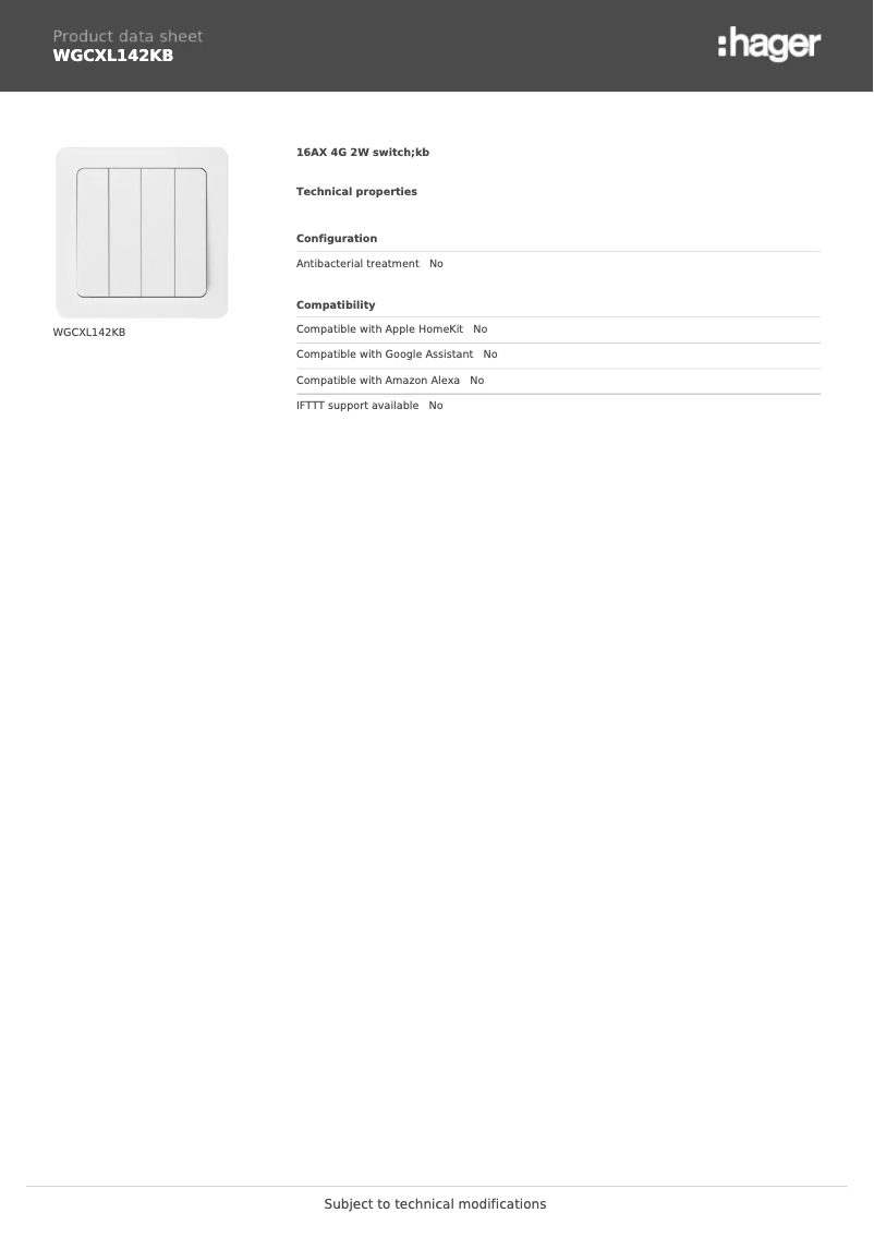 Page n°1 - Fiche technique Hager WGCXL142KB