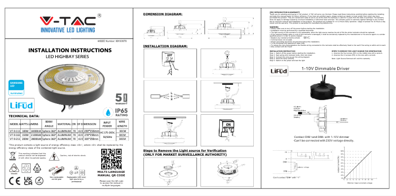 Page 1 de la notice Manuel utilisateur V-TAC VT-9-111