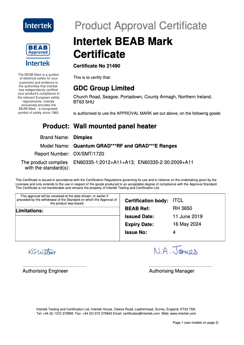 Page 1 de la notice Fiche technique Dimplex QRAD150E