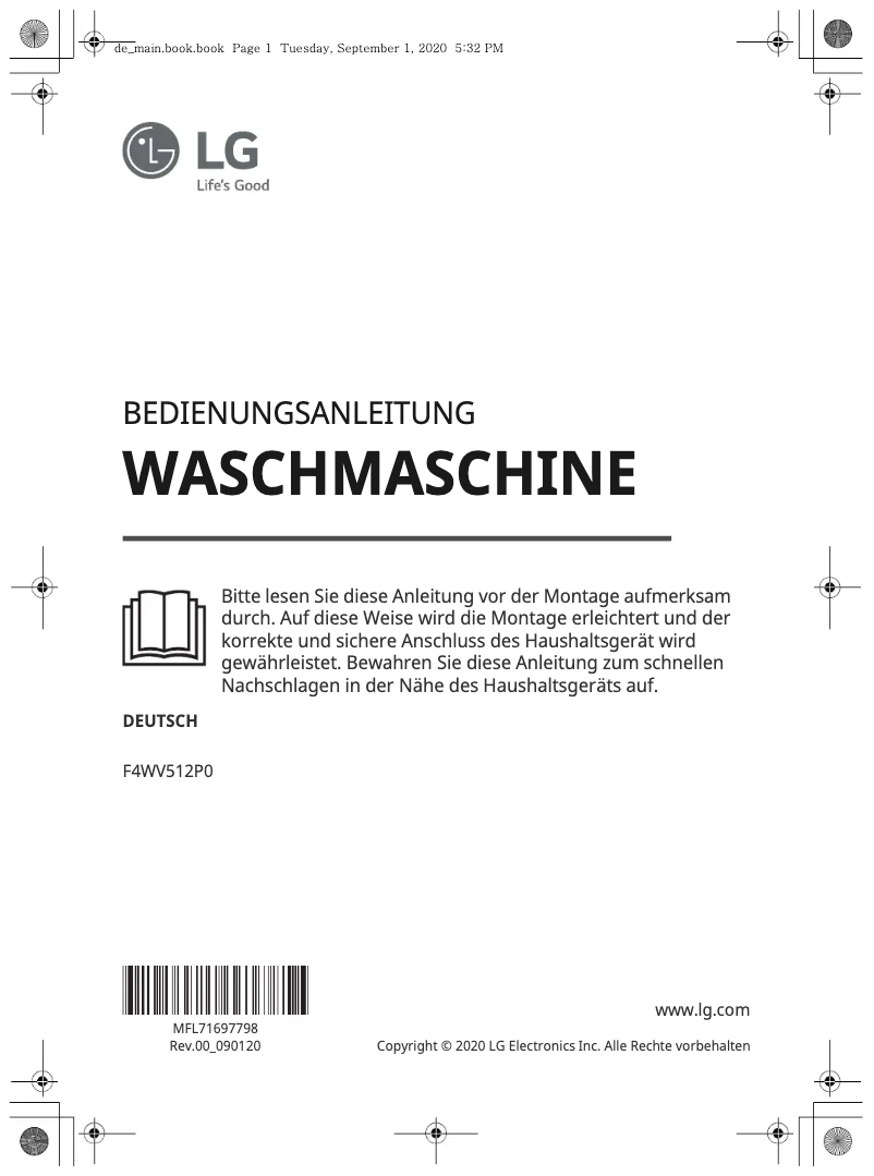 Page 1 de la notice Manuel utilisateur LG F4WV512P0