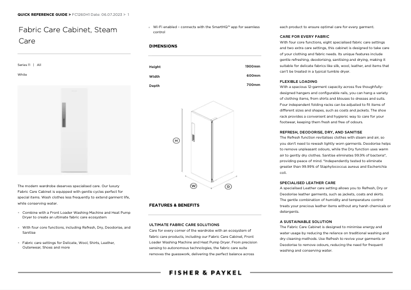 Page 1 de la notice Fiche technique Fisher & Paykel FC1260H1
