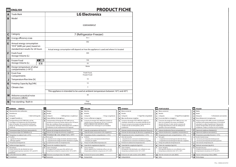 Page 1 de la notice Fiche technique LG GSB360BASZ