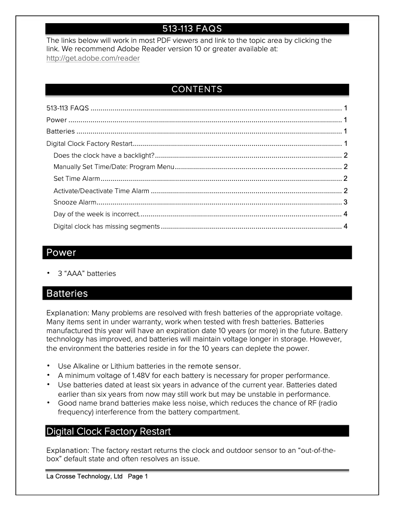 Page n°1 - FAQ La Crosse Technology 513-113W
