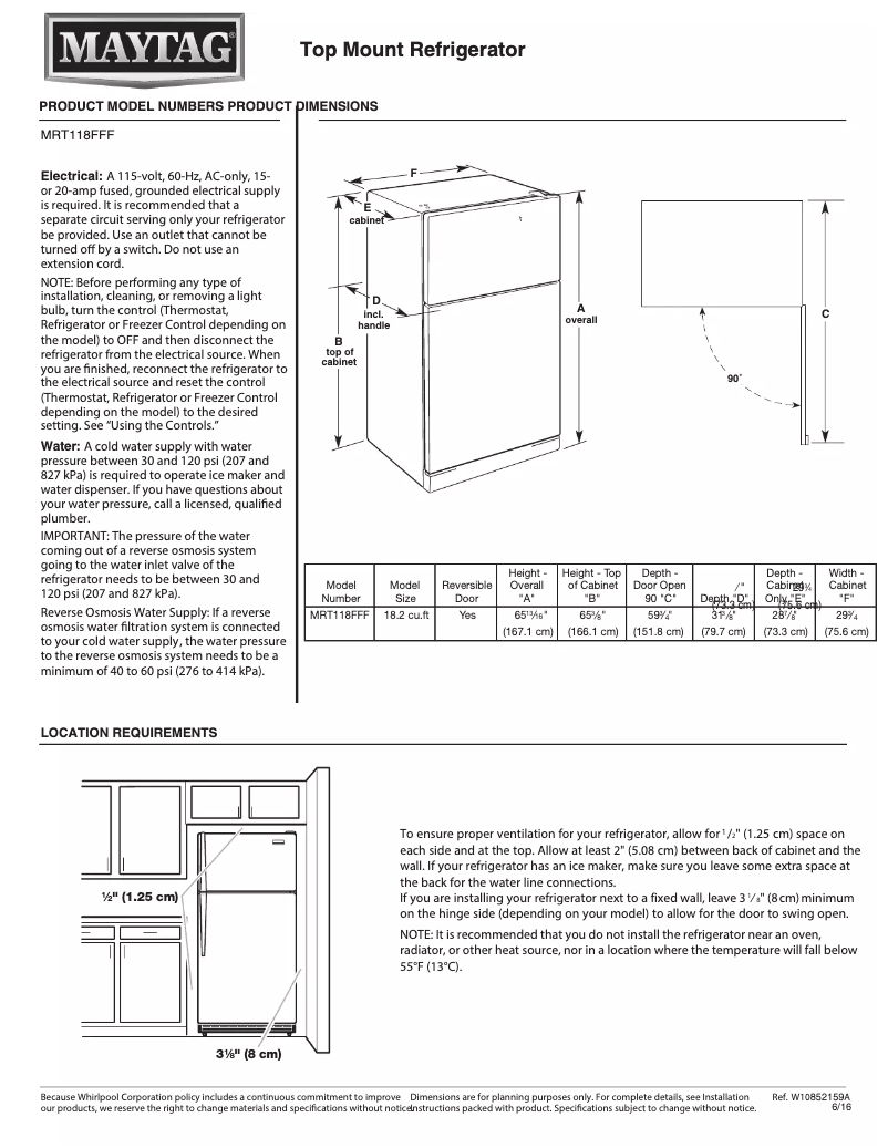 Page 1 de la notice Fiche technique Maytag MRT118FFF