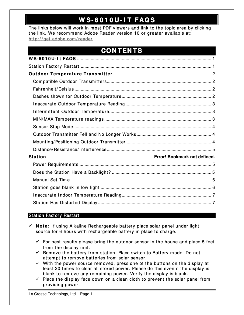 Page 1 de la notice FAQ La Crosse Technology WS-6010U-IT