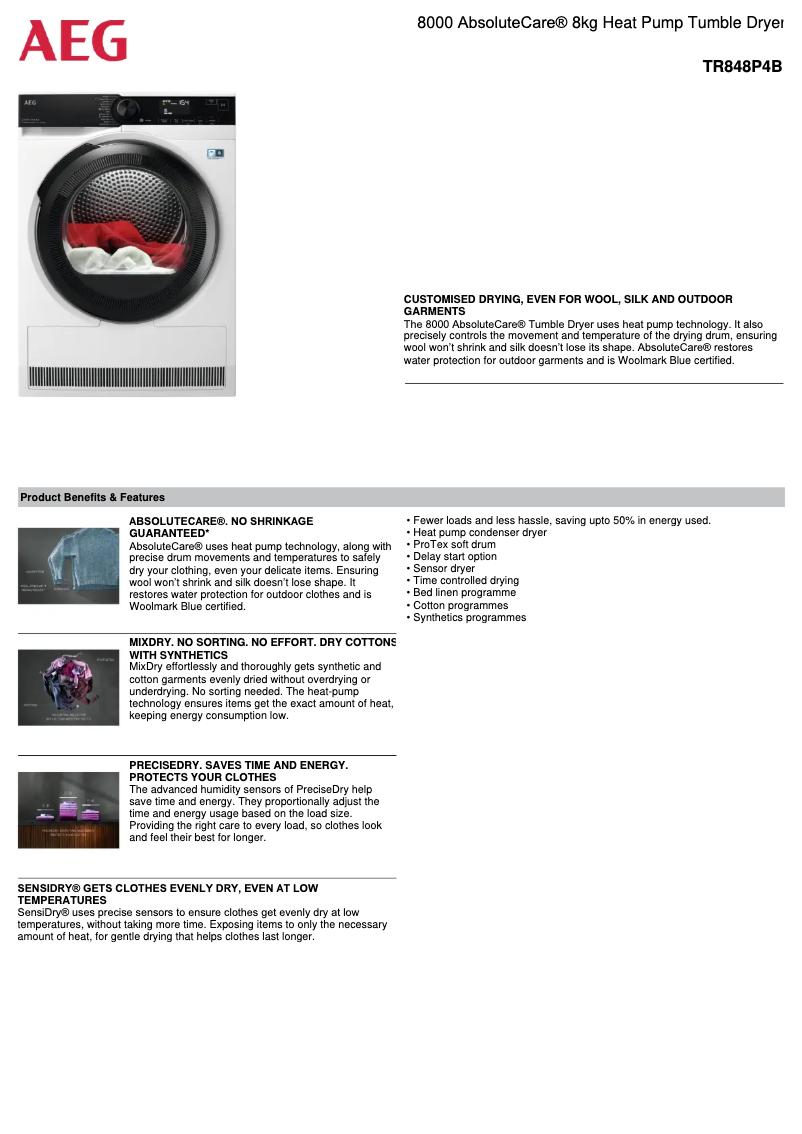 Página 1 del manual Ficha técnica AEG TR848P4B